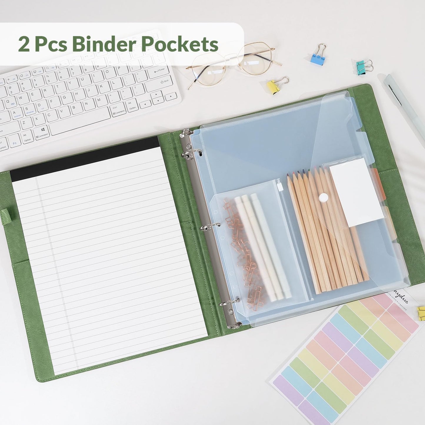 SKYDUE 1 Inch 3-Ring Binder with Clipboard, PU Binder with 5 Dividers, Notepad, Stickers & Pockets for Work and School - Aesthetic Binder (Letter Size)