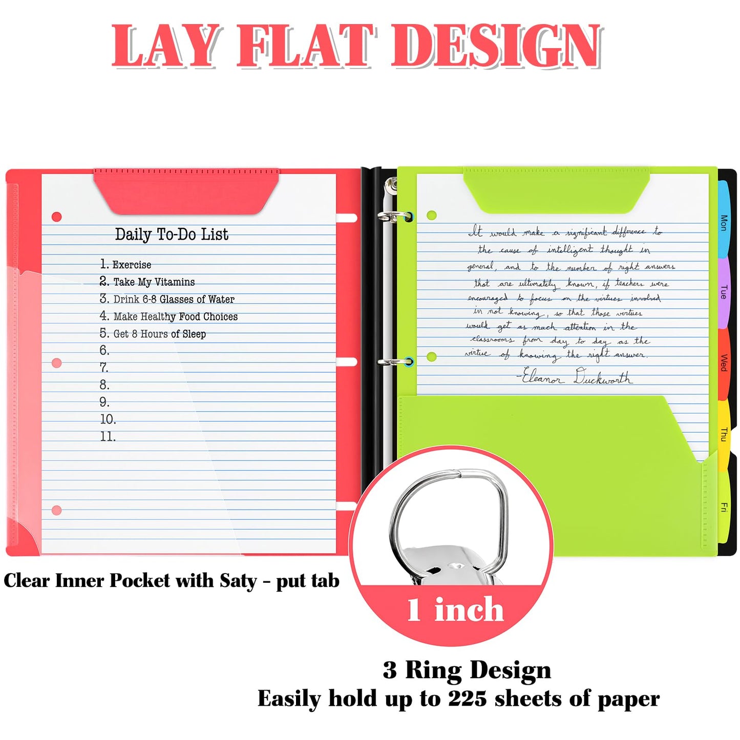 INFUN 1 Inch Telescoping 3 Ring Binder - 1PCS,Flexible Round Binder with Customizable Front Cover and Clear Catalog Pocket, 1 Inch Rings, 225 Sheet Capacity-Red