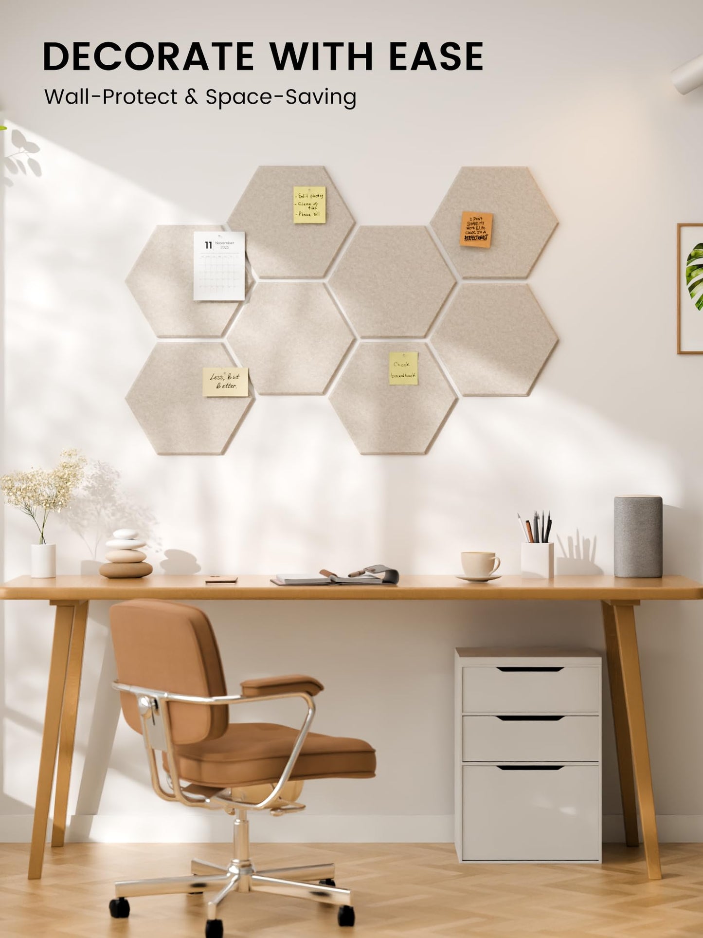 Fluxynara Hexagon Cork Board Alternative for Walls Decor-8-Pack Felt Bulletin Board Tiles,with 30 Pushpins,50 Adhesive Tabs for Office,Classrooms & Home Pin Board Felt Board-Oatmeal