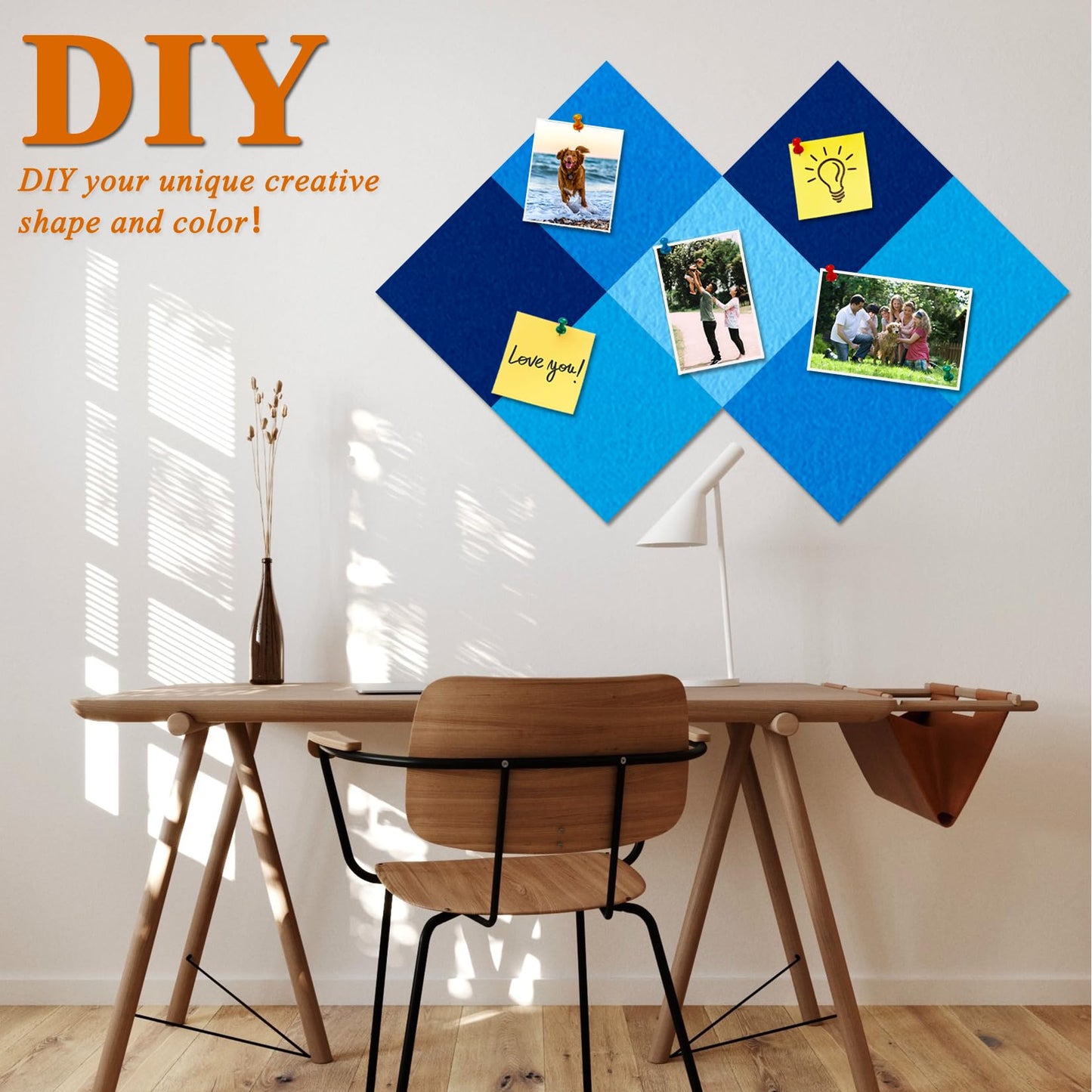 HULAVO Square Felt Cork Bulletin Board Tiles, Self Adhesive DIY Felt Pin Board for Wall 30" x 20" with 35 Pushpins for Office School Home Wall Decor Stickers Memos Photos Display (Gradual Blue)