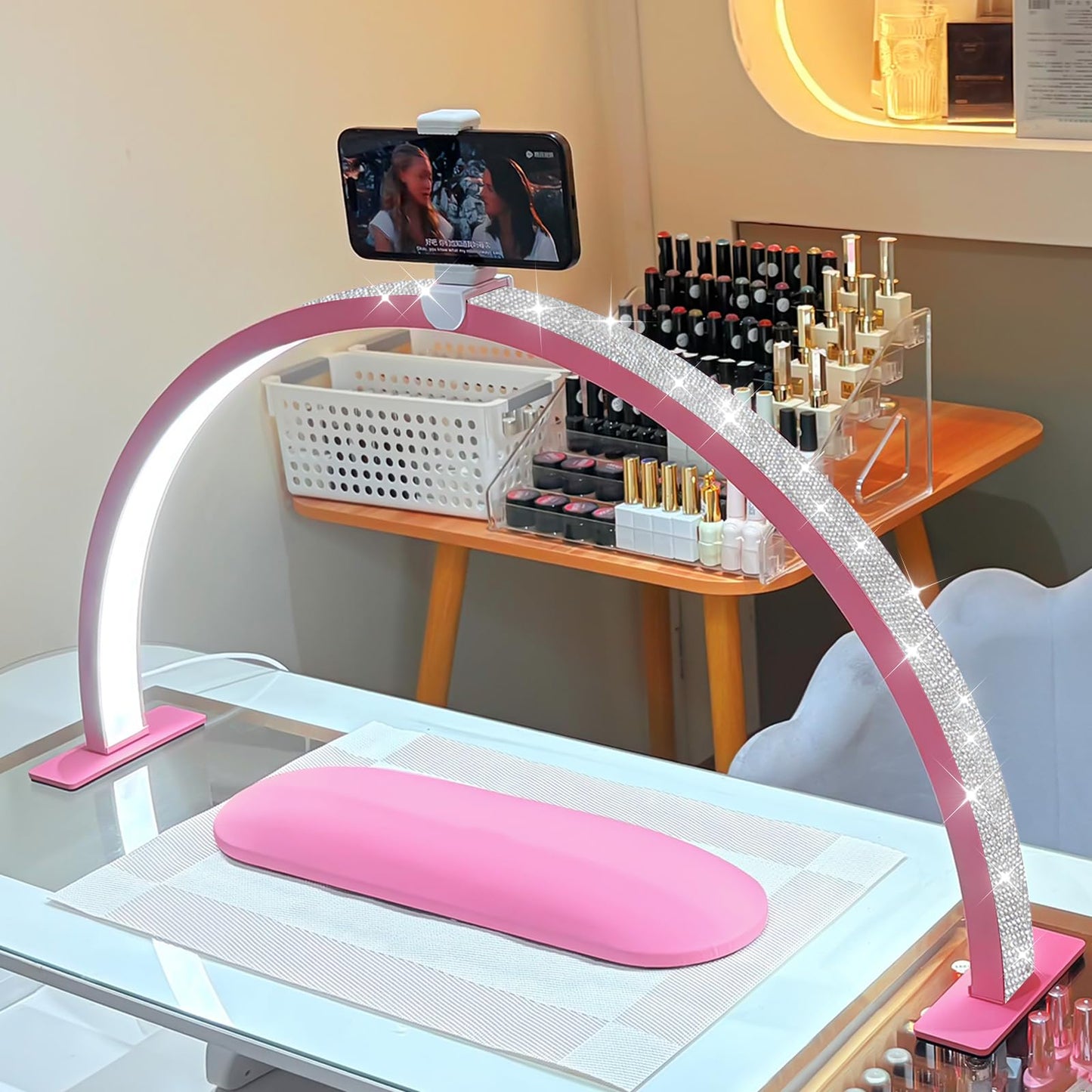 FFKJDM Nail Desk Light, 48W LED, 29-inch Half Moon, Color Temperature 3000K-6000K, Pink