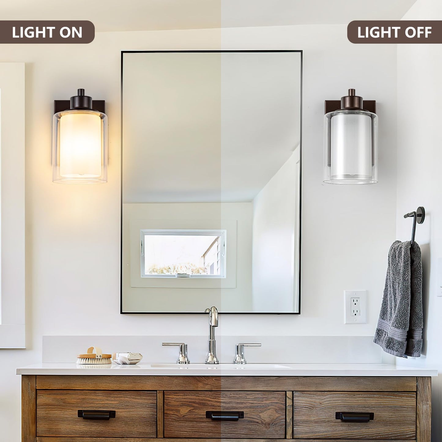 Eidonta Bath Vanity Light Fixtures, Modern 2 Pack Wall Scone, Oil Rubbed Bronze, Dual Glass Shade, Model Eidonta-2PACK-BVLF
