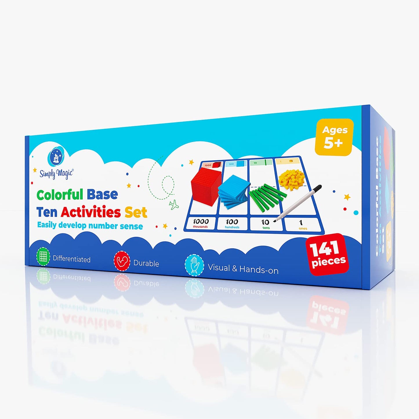 Simply magic 140+1 PCS Colorful Base Ten Blocks & Activities Set - Base Ten Blocks Classroom Set, Base 10 Math Manipulatives, Place Value Blocks Mat, Ones Tens Hundreds Blocks, Math Counters Cubes