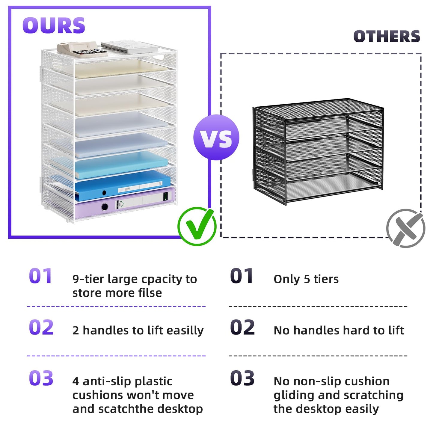 Marbrasse Paper Organizer Letter Tray, 9 Tier Mesh File Organizer with Handle, Paper Sorter Desk Organizer for Home Office Supplies - White