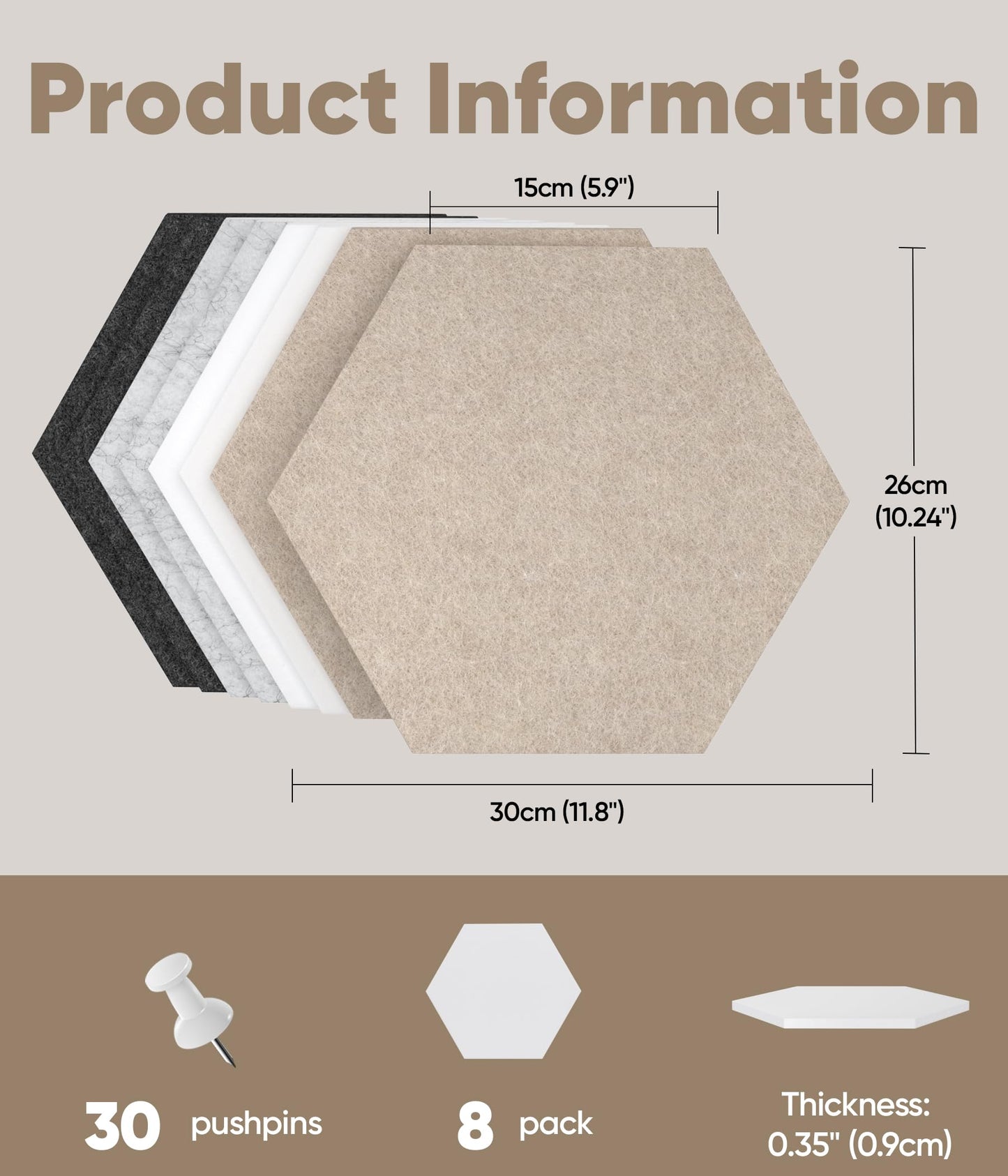 Toptople 12 Inch Large Hexagon Cork Board for Walls, 8 Pack Felt Bulletin Board Tiles, Pin Board with Push Pins for Office Photo and Note, Linen Stone