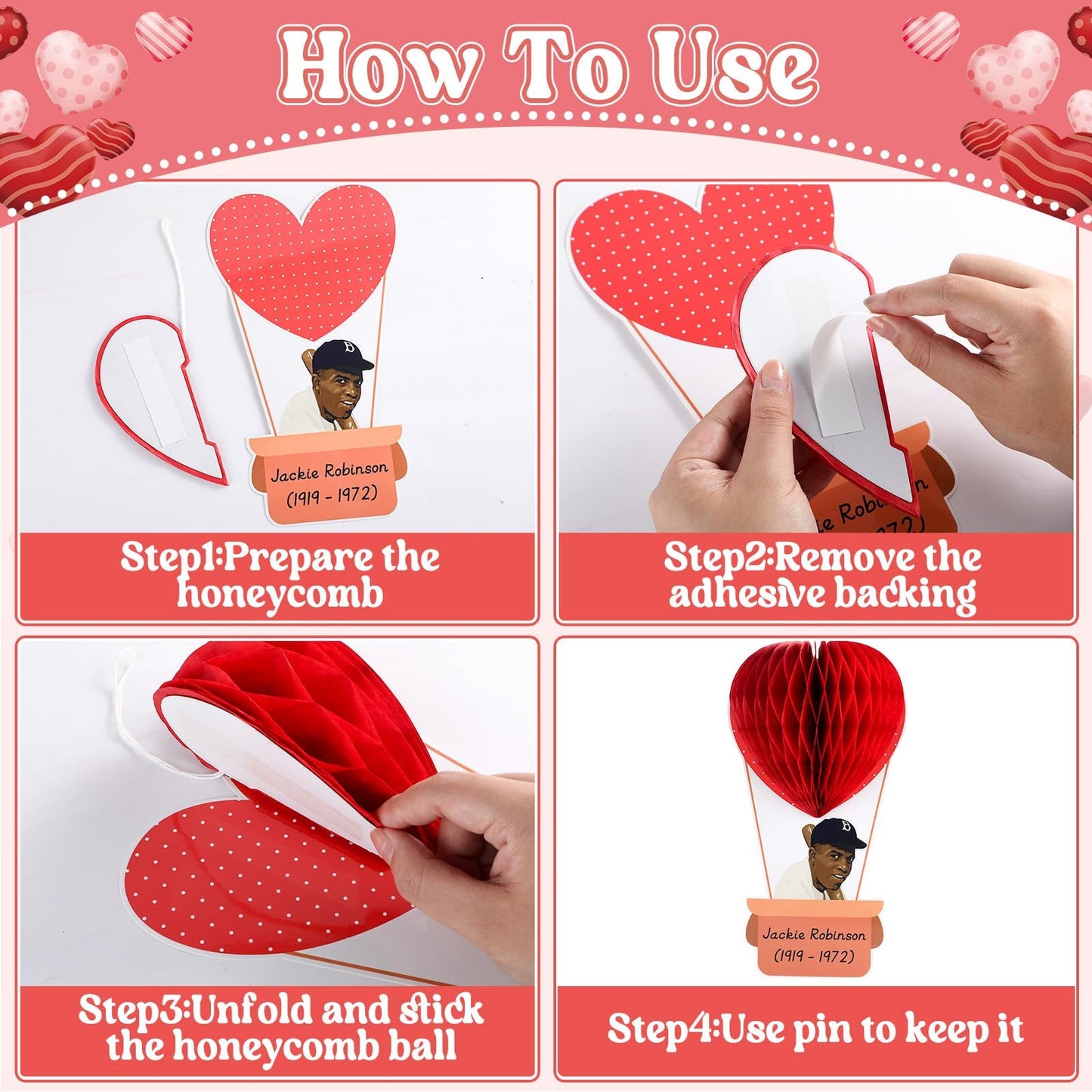 3D Valentine's Day Black History Month Bulletin Board Set Heart Shaped Honeycomb Balls Famous African American Classroom Decoration Inspirational Cutouts for School Home Chalkboard Wall Decor Supplies