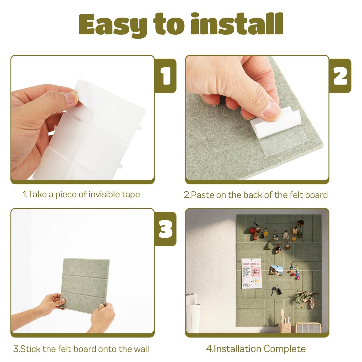 12 Pack Felt Bulletin Board Tiles - Modular Wall Panels (9.45"x9.45" Each), 0.35" Extra Thick Cork Board Alternative with Adhesive Tabs & Push Pins for Office Decor (Sage Green)