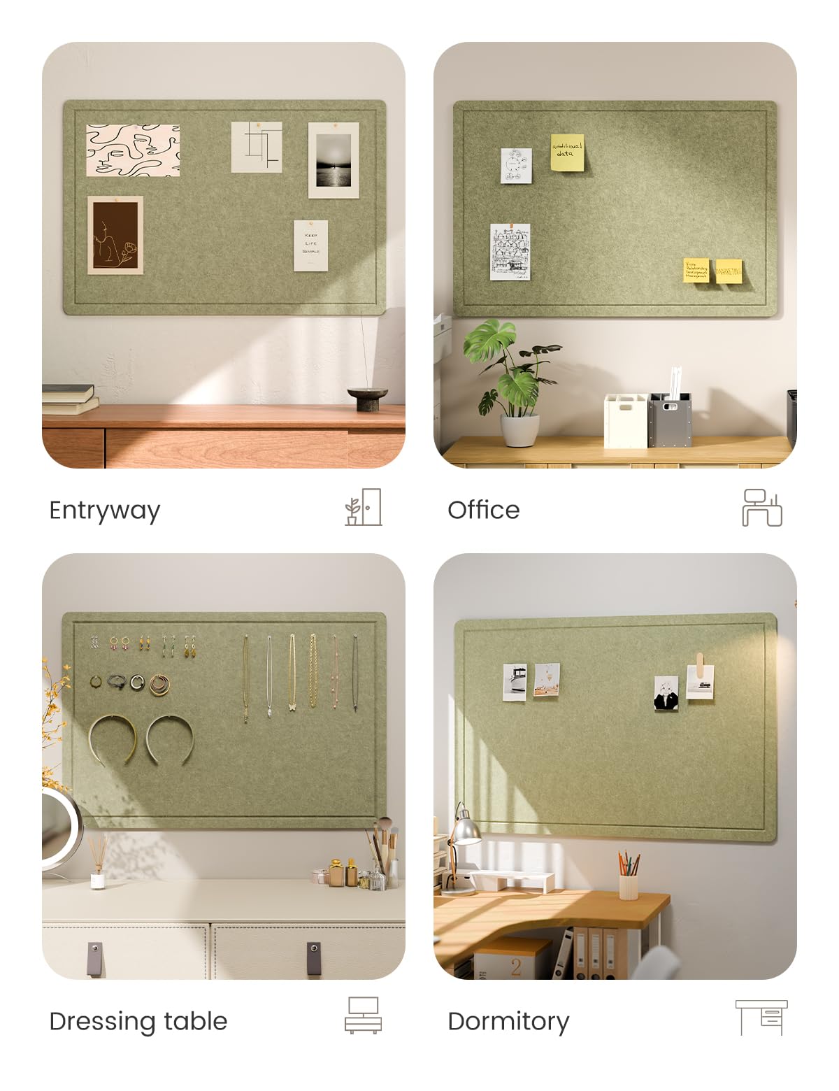 Fluxynara Bulletin Board,35.4" x 23.6" Cork Board Alternative with 12 Safe Removable Adhesive Tabs, Foldable Felt Pin Board for Home Office, Classroom, Bedroom,Entryway for Walls—Olive Green