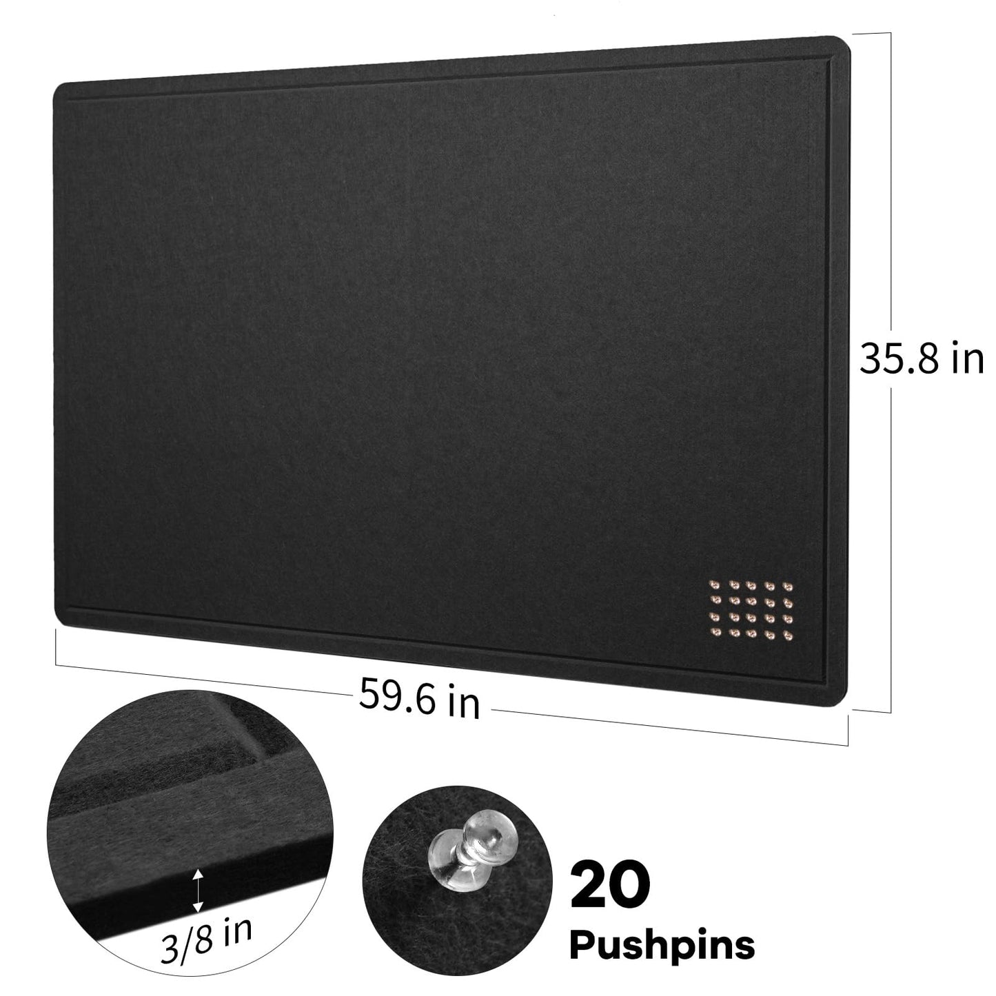 Lightomorrow Large Bulletin Board - 60 x 36 Inches, Decorative Felt Pin Board for Wall - 5' x 3' Foldable Photo Display Board with Self-Adhesive Tape, Includes 20 Push Pins - Black