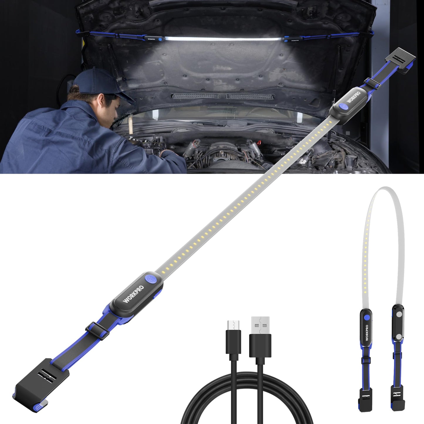 WORKPRO Rechargeable Underhood Work Light Bar, 25in LED, 3 Lighting Modes, Magnetic, for Car Repairing and Garage Use