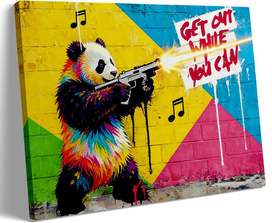 16x24 Inch Colorful Graffiti Panda with Gun Canvas Wall Art Painting- "Get Out While You Can" Street Art Print, Modern Pop Art Wall Decor Poster for Kids/Teen Boy/Child Bedroom Bathroom Living Room