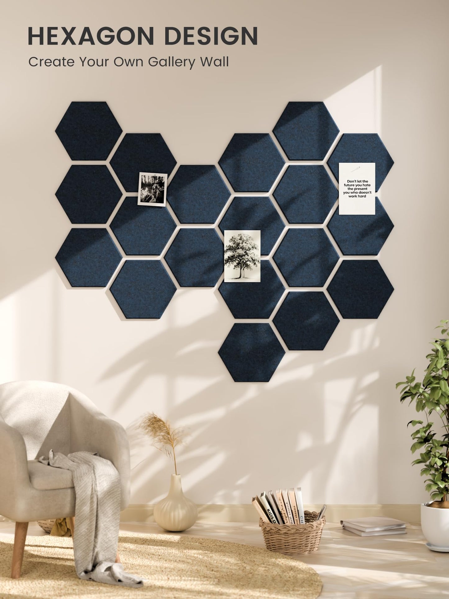 Fluxynara Hexagon Cork Board Alternative for Walls Decor-12-Pack Felt Bulletin Board Tiles,with 30 Pushpins,70 Adhesive Tabs for Office,Classrooms & Home Pin Board Felt Board-Carbon Blue