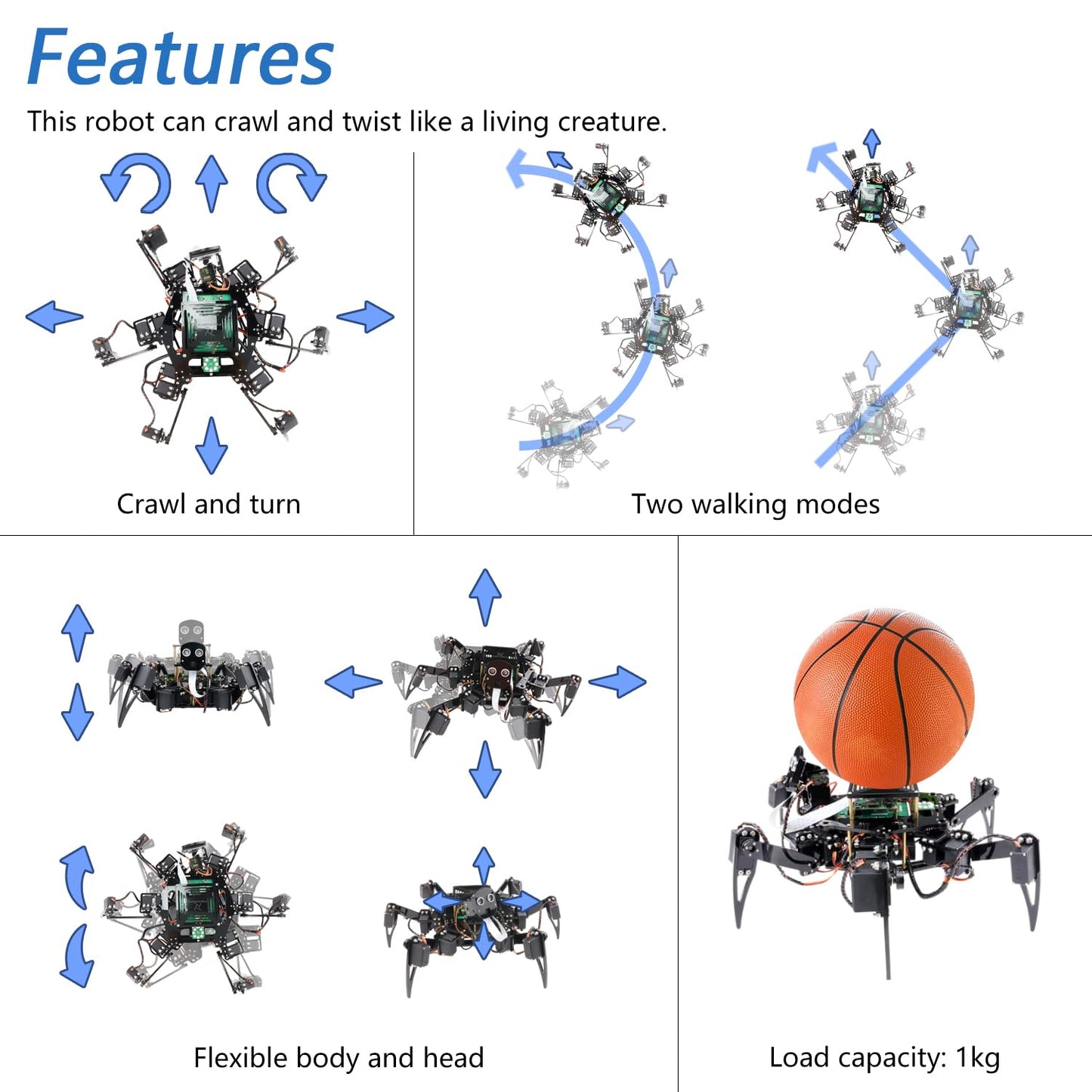 Freenove Big Hexapod Robot Kit for Raspberry Pi 5 4 B 3 B+ Zero 2 W, Walking, Self Balancing, Face Recognition, Ultrasonic Ranging, App Control, Camera, Servo (Raspberry Pi NOT Included)