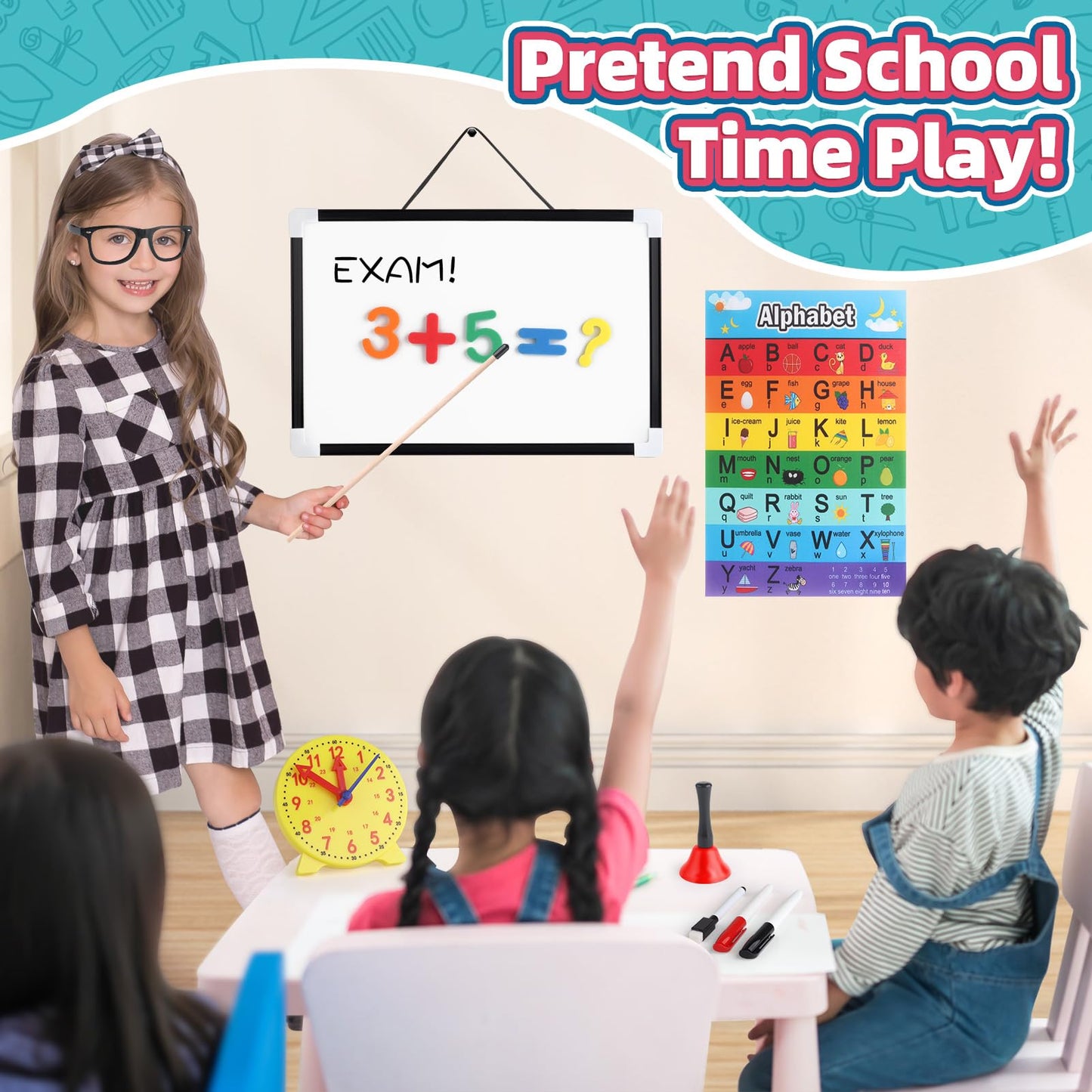 wookidel Pretend Play Teacher Set for Kids with Numbers, Bell, Whiteboard, Learning Clock Over 40 Pieces Included, Pretend Set Toys Gift for Kids Age 5 6 7 8