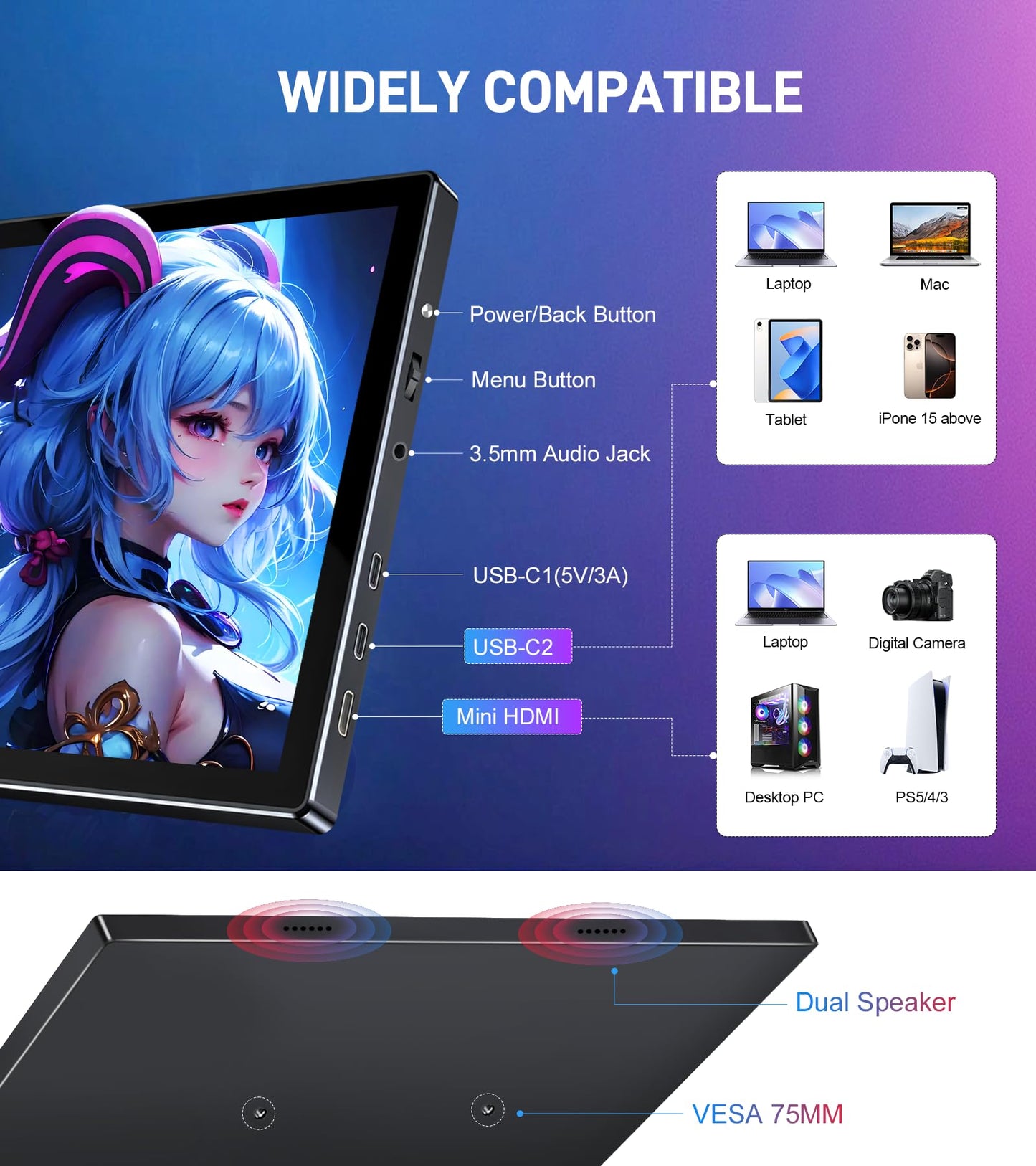 10.1 Portable Touchscreen Monitor - 1920×1200 FHD IPS 16:10,100% sRGB 1500:1,10-Point Touch Diaplay with Speaker HDMI USB-C VESA Magnetic Case for Travel Mac PC Xbox PS4/5 Loptop Phone (10.1 inch)