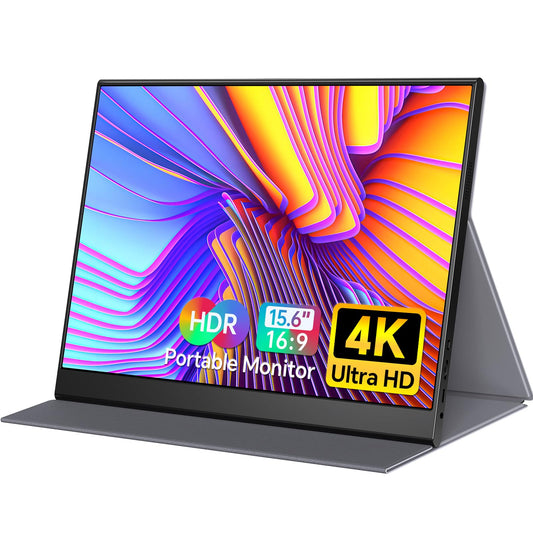 WGK 15.6 inch Portable Monitor 4K UHD 100%sRGB Travel Display HDMI/USB-C Compatible with Laptops, Desktops, Phones, PS, Mac, Xbox, Switch, and Other Gaming Devices Kickstand & Speakers VESA Mountable