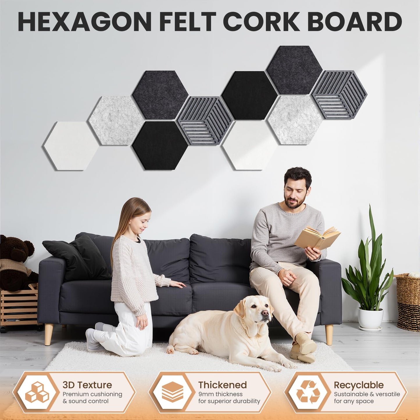Hexagon Cork Bulletin Boards for Walls Decor, 10 Pack Felt Board Tiles with 25 Push Pins, Photo Display Board for Office & Home Classroom DIY Decor