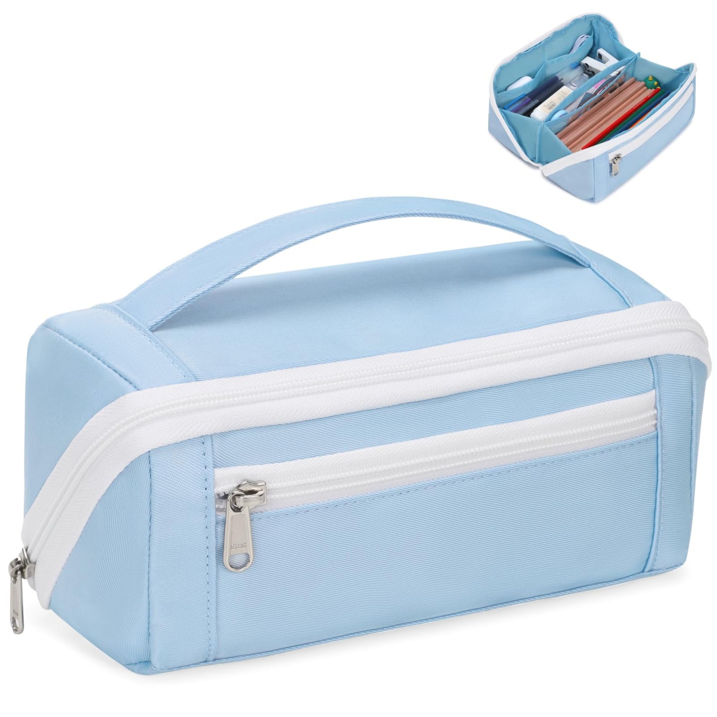 BrainyBees Large Capacity Pencil Case - Pencil Pouch for Teen Girls & Boys, Aesthetic Pouch Organizer with 8 Compartments, Wide Opening Marker Bag for Middle High School College, Fits Calculator, Blue