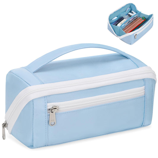 BrainyBees Large Capacity Pencil Case - Pencil Pouch for Teen Girls & Boys, Aesthetic Pouch Organizer with 8 Compartments, Wide Opening Marker Bag for Middle High School College, Fits Calculator, Blue