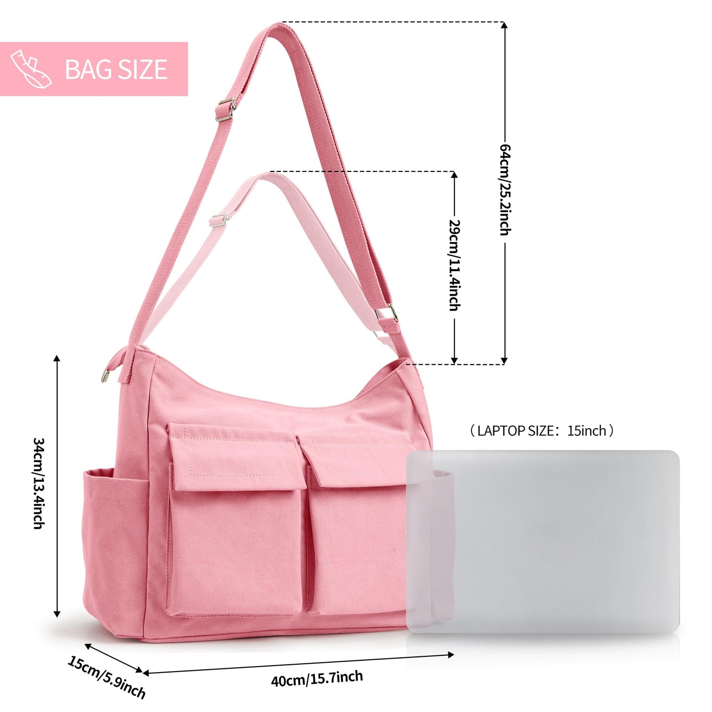 Canvas Messenger Bag for Women Men, Large Crossbody Bag for College Work Travel Daily, Pink