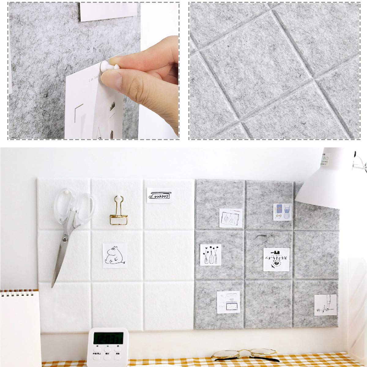 Uoisaiko Large Felt Board Tiles for Wall with 30 Push Pins, 11.8"x11.8" Pack of 6 Pin Board Notice Boards for Home Office Kitchen, Bulletin Board Wall Tiles for Photos Memos (Grey+White, 6 Pack)