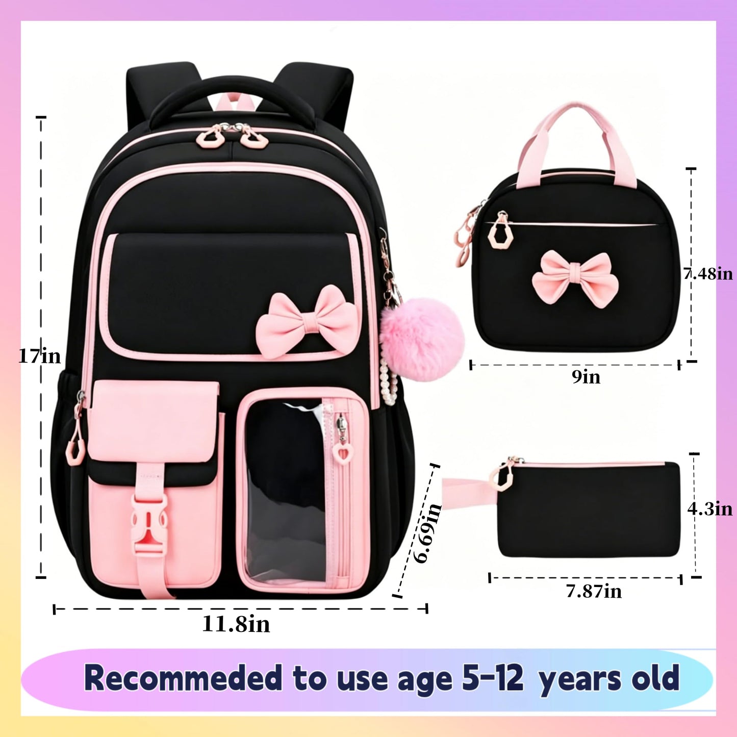kistou Backpack for Girls Kids Backpack for School with Lunch Bag Pencil Case Kawaii Bow Kids Bookbag for Teen Elementary Middle School