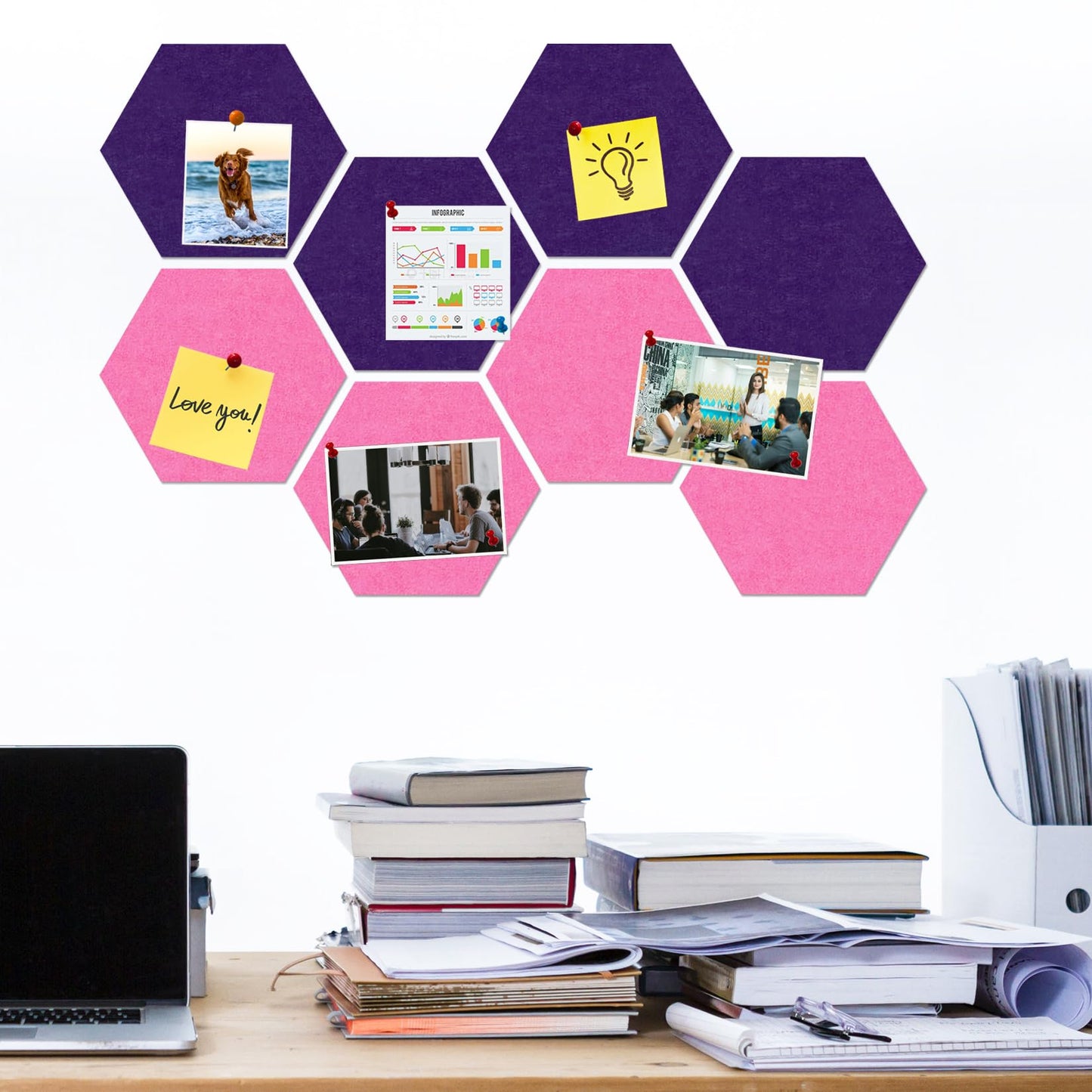 HULAVO Large Hexagon Felt Cork Board Tiles, Self Adhesive DIY Felt Bulletin Board Pin Board with 35 Pushpins for Office School Home Wall Decor Stickers Memos Photos Display(Purple+Pink)