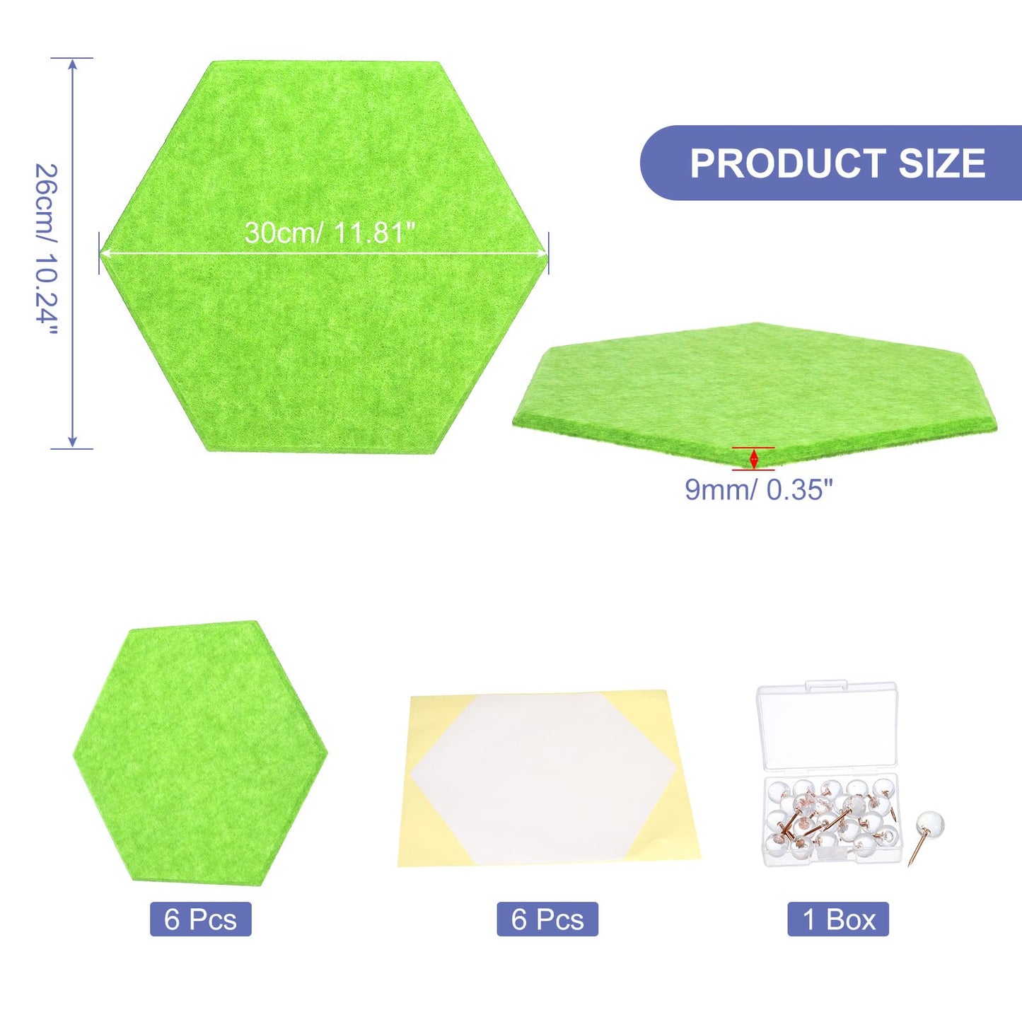 PATIKIL Felt Bulletin Board, 12"x10", 6 Packs Self Adhesive Hexagon Felt Tiles for Sound Proofing Wall Panels for Home Office Recording Studio,Game Room, Green