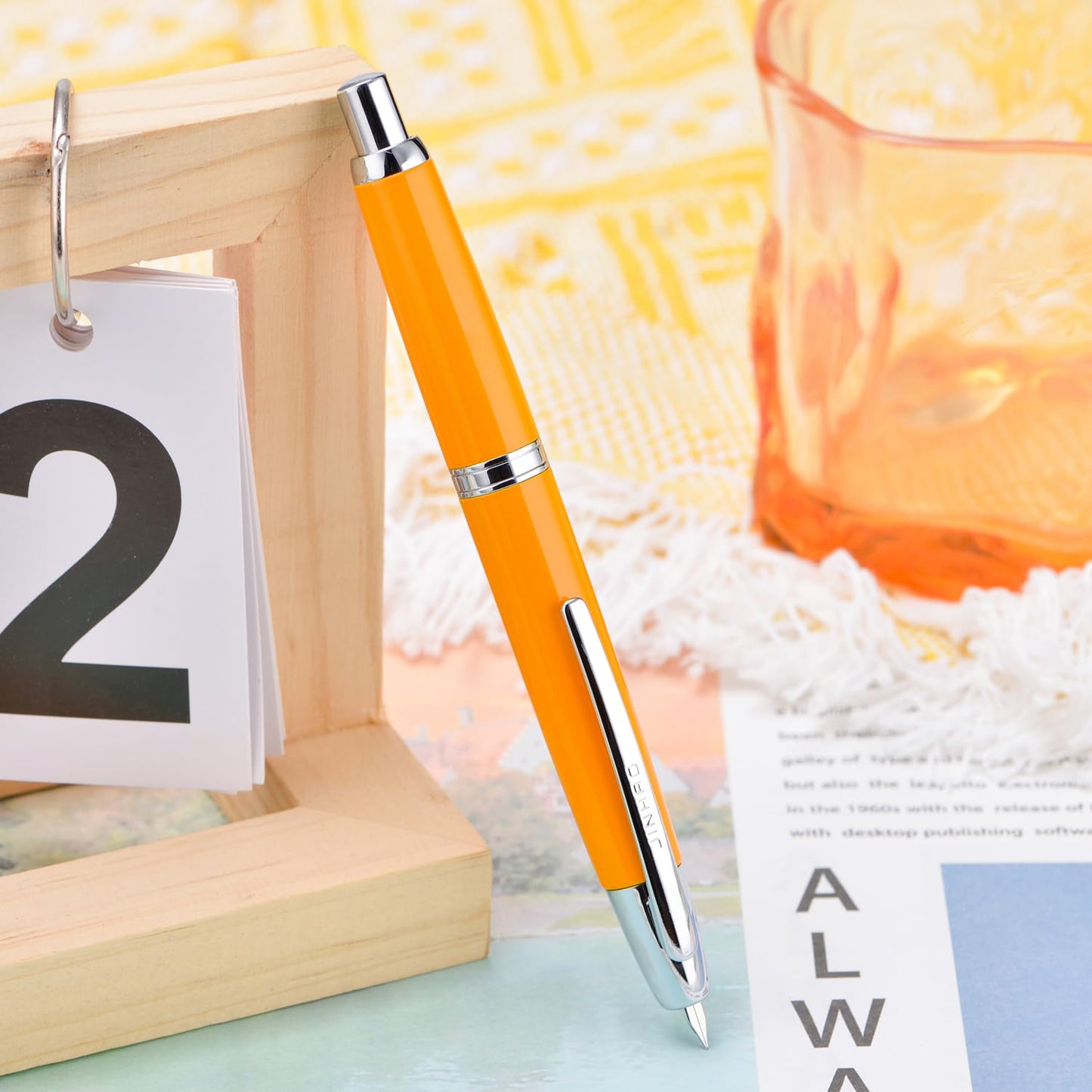 Jinhao 10 Press Fountain Pen with Box, Orange Retractable Extra Fine Nib with Ink Converter Set (Silver Clip)