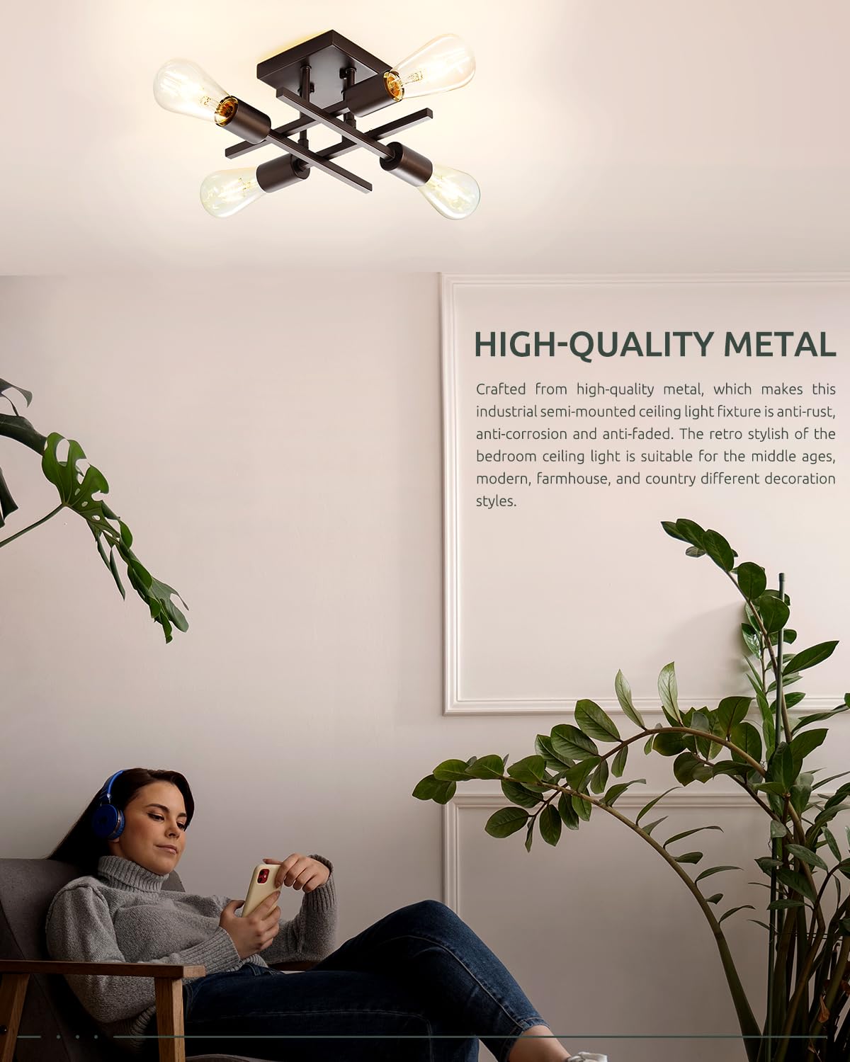 Eietonte Industrial 4-Light Semi Flush Mount Ceiling Light, Oil-Rubbed Bronze, Metal, EIECL001-ORB2P, 2 Count
