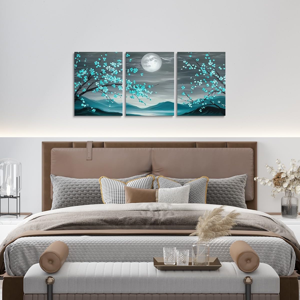 jejeloiu Teal Blue Plum Blossom Canvas Wall Art for Living Room Bedroom 12"x16"x3pcs Moon Mountain Picture Wall Decor for Bathroom Floral Flower Office Decorations Artwork Posters Botanical Painting