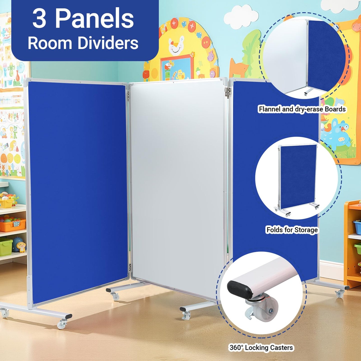AmazingSpark Set of 3 Classroom Dividers for Room Separation, 4 x 8 ft Short Play Panels for Room Divider, Double-Sided Magnetic Dry Erase Board and Felt Board for Preschool(Blue White)