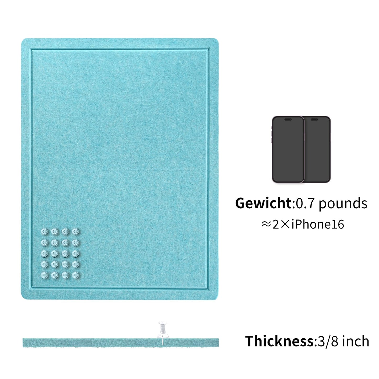 Lightomorrow Bulletin Board, 24 x 18 inches Felt Board Decorative Pin Board, Cork Board Alternative for Wall, Foldable Self-Adhesive Vision Board Mood Board with 20 Pushpins - Turquoise Blue