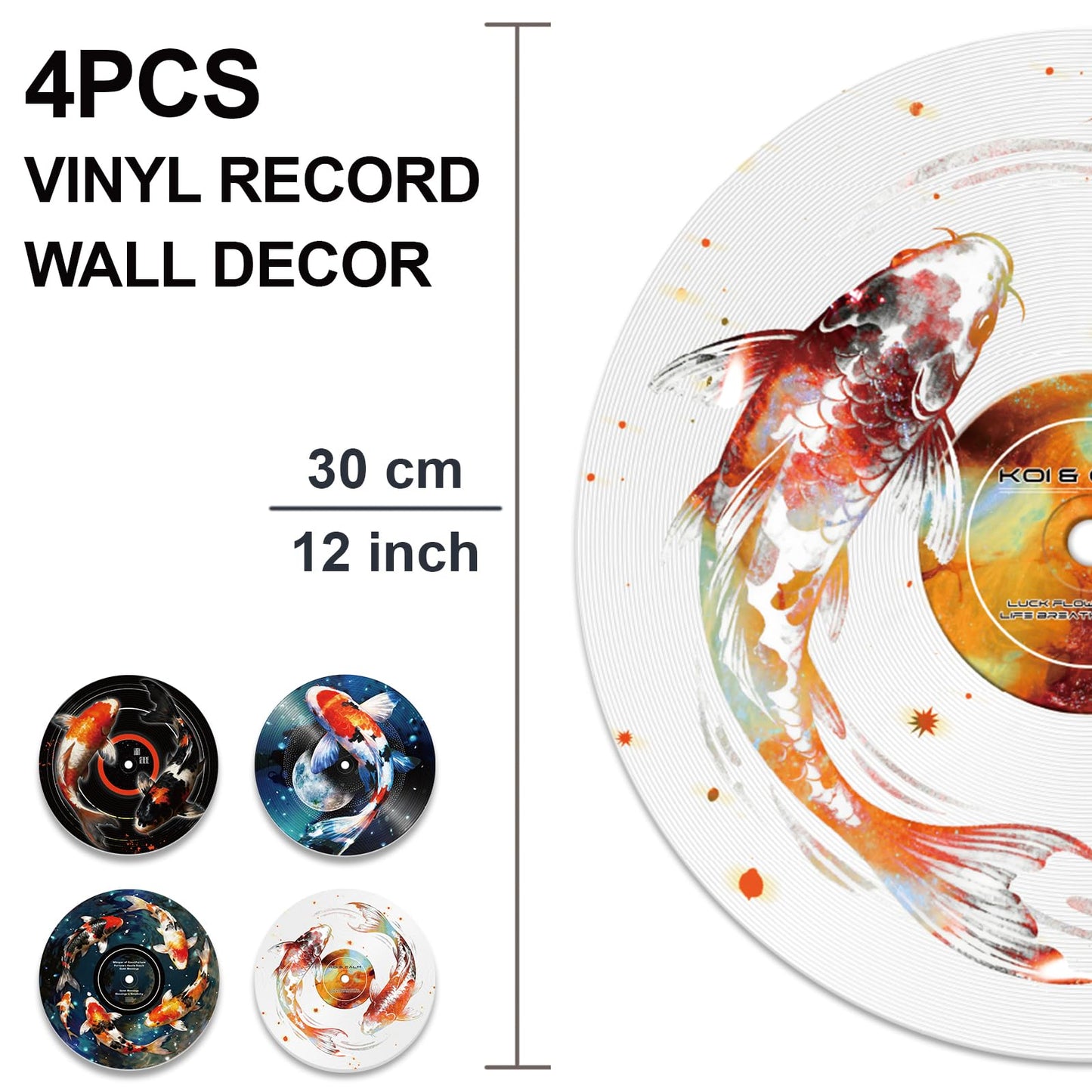 DOODLREAM 4PCS Koi Fish Vinyl Record Wall Decor 12" Hippy Koi Wall Art Posters for Room Aesthetic, Retro Record Decor for Music Party Studio Living Room DIY Craft Project
