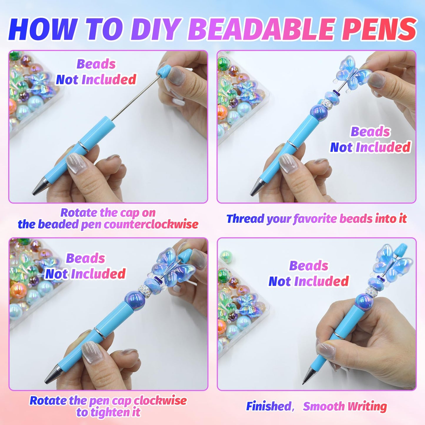 DASTTUIS 150 Pieces DIY Beadable Pen Kit – 50 Plastic Ballpoint Pens with Refills & Bags, Beads Not Included – School Supplies, Office Accessories & Craft Gifts for Students & Teachers (Multicolor)