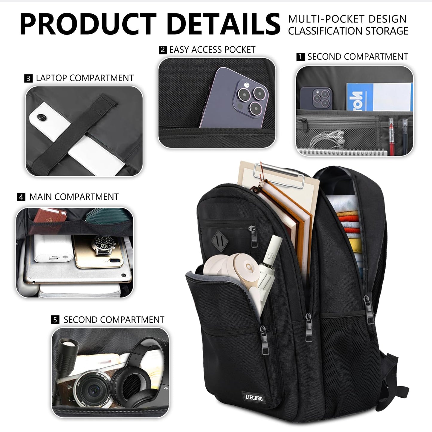 LIECDRO Black Backpack for Men, School Backpack for Boys Teens,15.6 inch Laptop Back Pack with Reinforced Straps, Backpacks for School Business Work College Travel, College Book Bag, Bookbag
