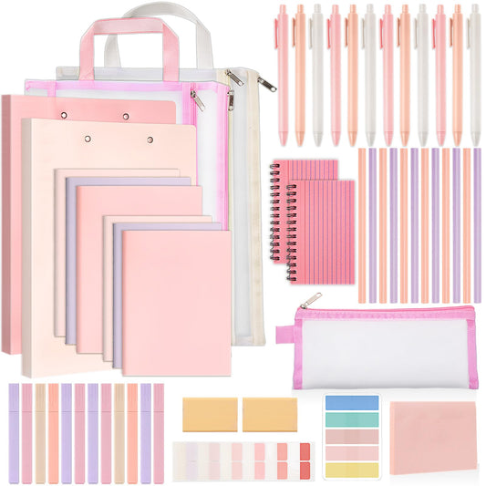 Colarr 54 Pcs Cute Notebook Stationery Set for Women, Bible Study Supplies, 6 Lined Notebooks, 36 Pens, Sticky Notes & Tabs, Bags & Folders for Work Journal Study College Office Supply(Pink)