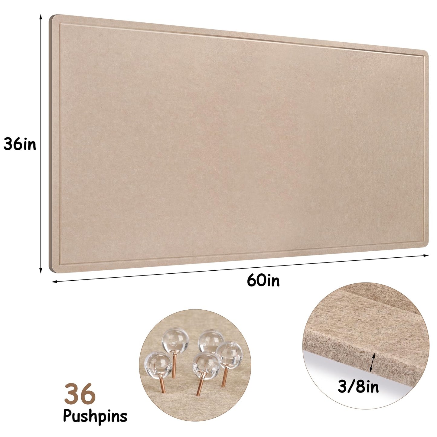 Foldable Large Bulletin Board, 60x36 Inches Cork Board Alternative, Large Felt Board Decorative Pin Board for Wall, Foldable Photo Board Self-Adhesive Vision Board with 36 Pushpins Khaki