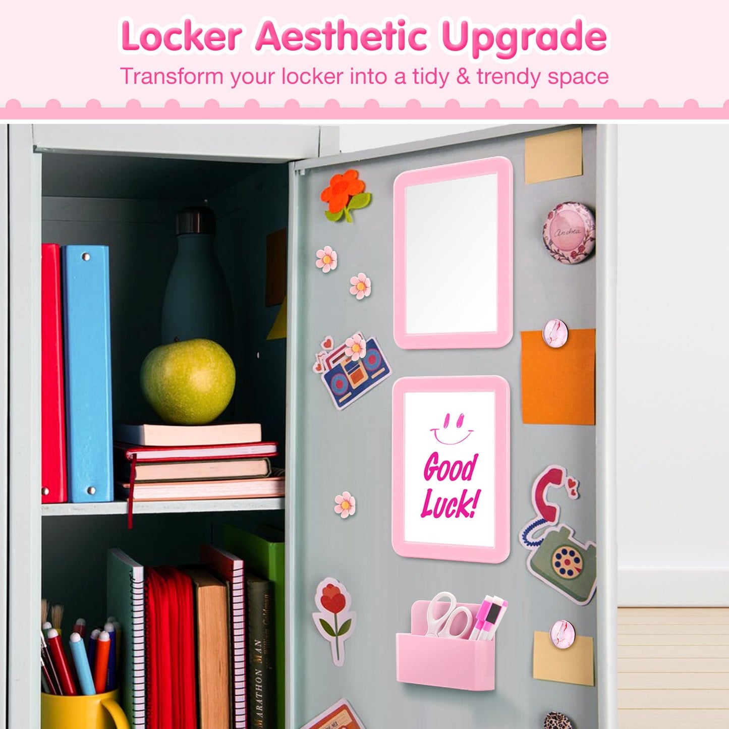 MoKo Locker Accessories Set, 15PCS Back to School Supplies Includes Magnetic Mirror, Whiteboard, Markers, Pen Holder, Magnets, Locker Organizer for School Office (Pink)