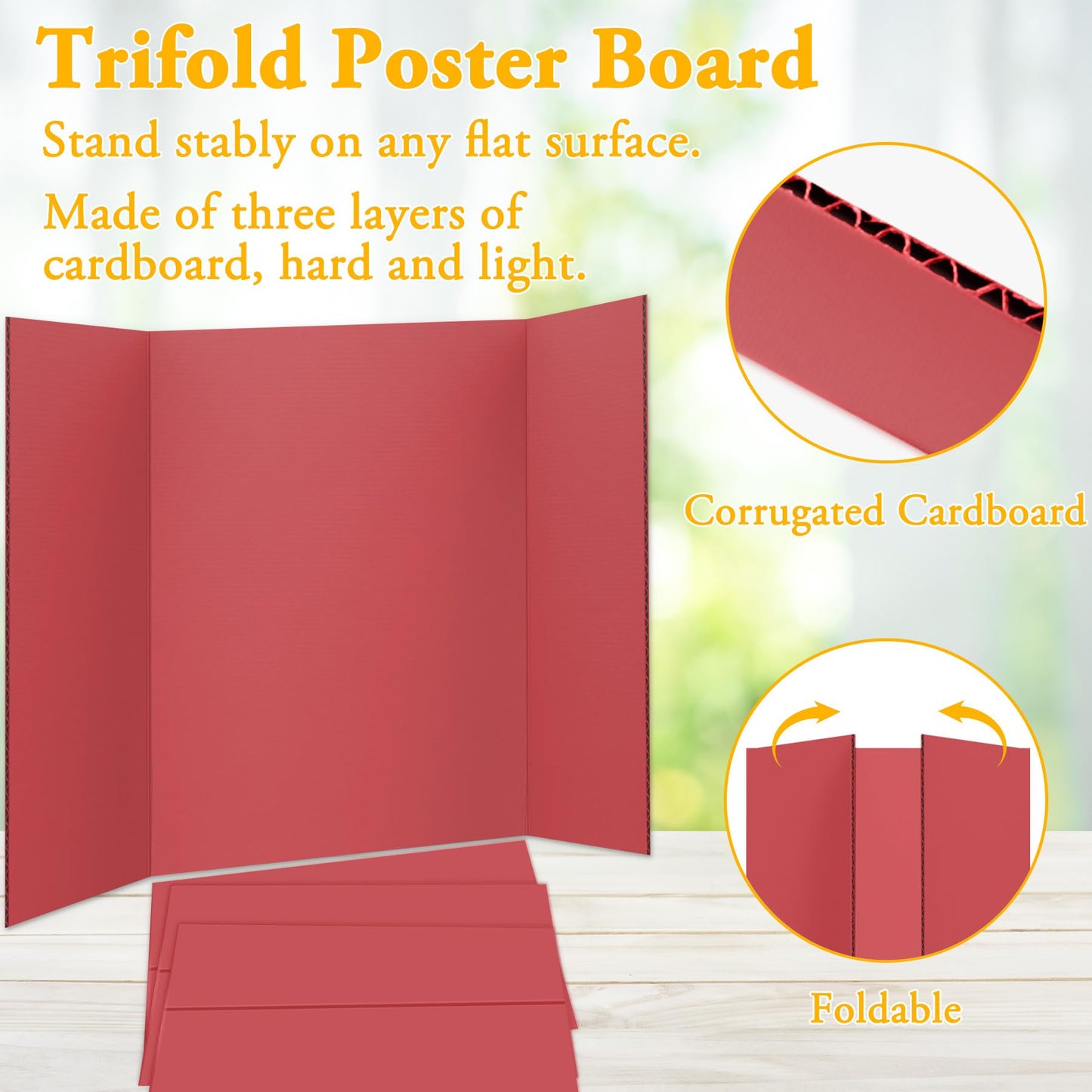 AKONEGE 4PCS Medium Trifold Poster Board 26" x 16" Red Tri Fold Presentation Boards, Corrugated Cardboard Picture/Project Display Boards for Event, Exhibition, Business, School Project, Science Fair