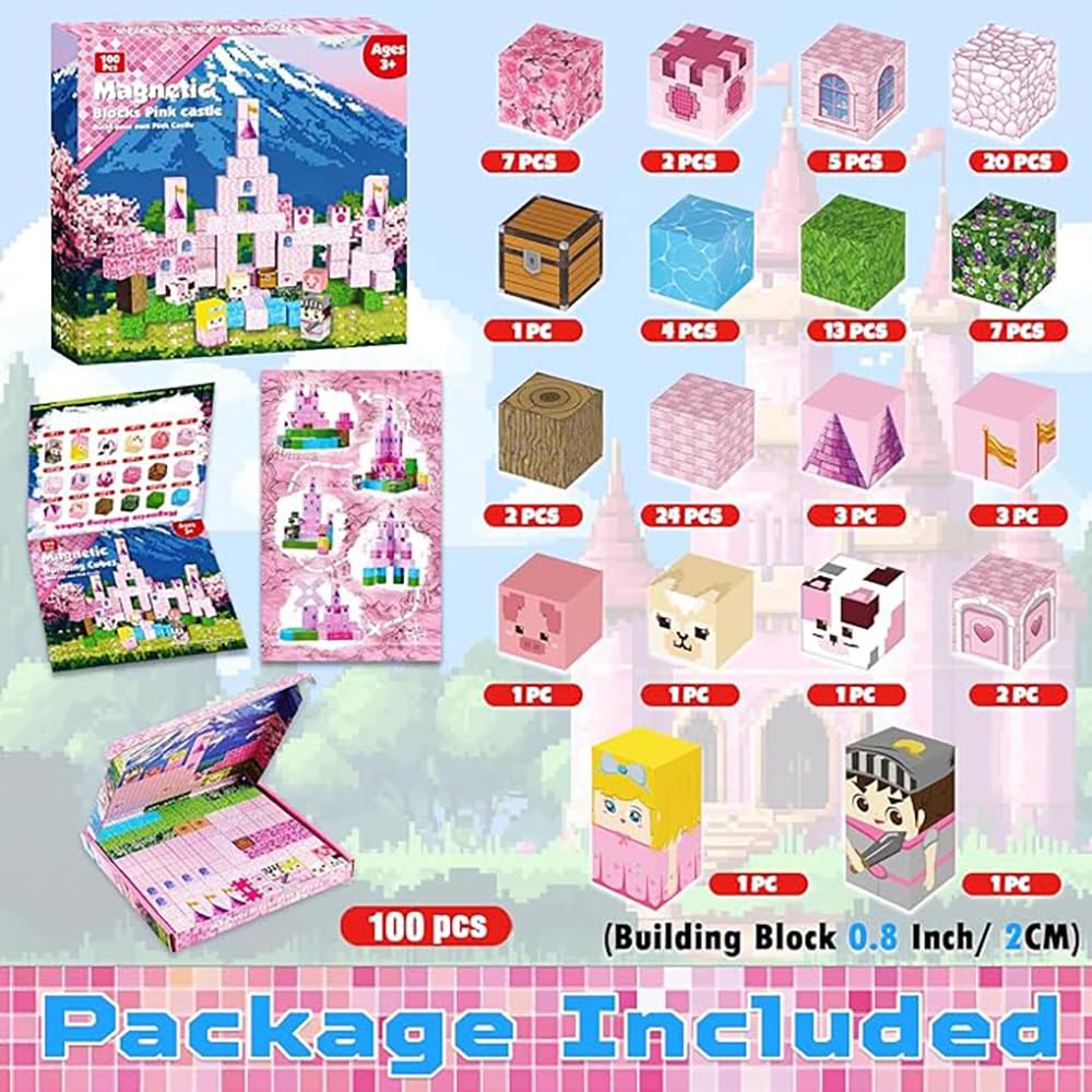 DOFASNCN Pink Magnetic Building Blocks Magnetic Building Tiles Toys for Boys Girls Age 3+，Creative Plastic Magnet Square Gift for Kids Pink Castle 100PCS