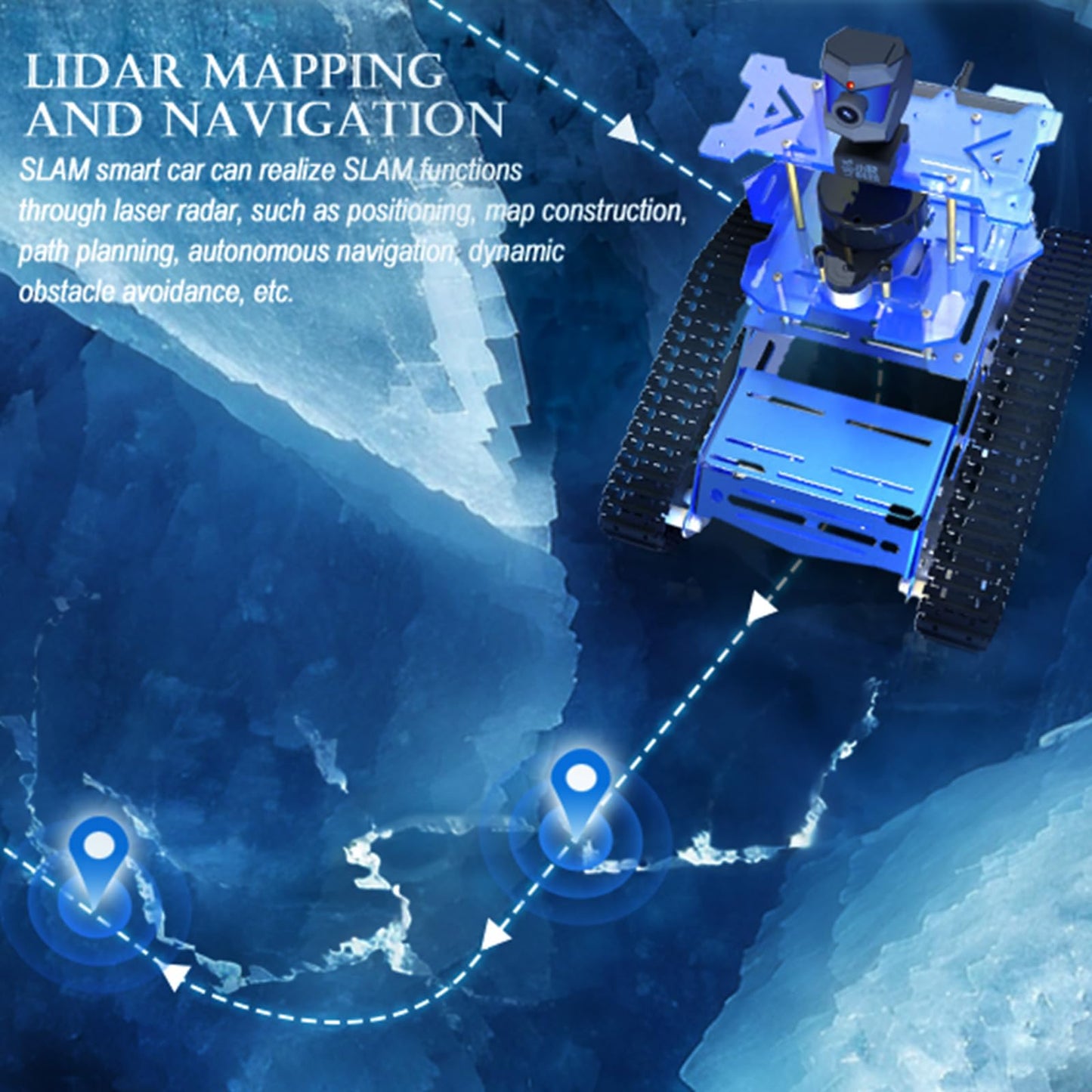 Smart Tank Robot Car ROS SLAM with LIDAR, Aluminum Alloy Chassis, Display, HD Camera, Support SLAM Mapping Navigation and Autonomous Driving (with Raspberry Pi 4B 4GB), AI Tracked Car (Blue)