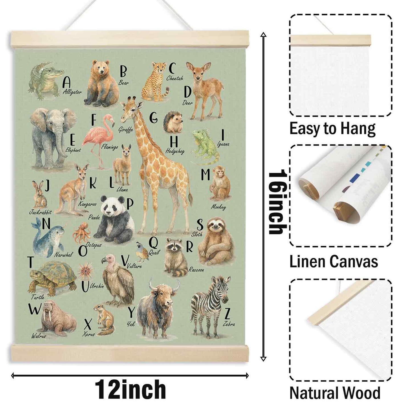 Xmsaitar Classroom Animals Zoo Alphabet Poster Hanger Frame Wall Decor, Green ABC Prints for Wall Hanging Decor Art, Nursery Educational Banner for Kids Toddler Room Dorm Playroom Preschool 12x16in