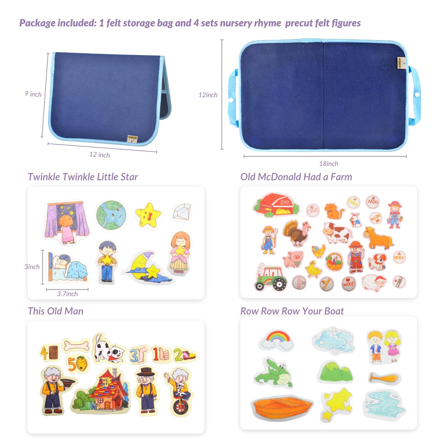 CHEFAN Felt/Flannel Board Story Set of 4, PRECUT Felt Pieces for Preschool Toddlers Circle Time,Old McDonald Had a Farm, This Old Man, Twinkle Twinkle Little Star, Row Row Row Your Boat