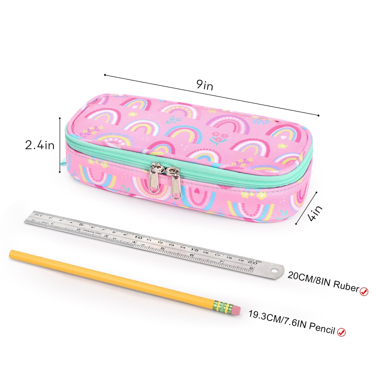 mibasies Girls Pencil Case for Kids, Multi-Slot Pencil Pouch, Rainbow Pink