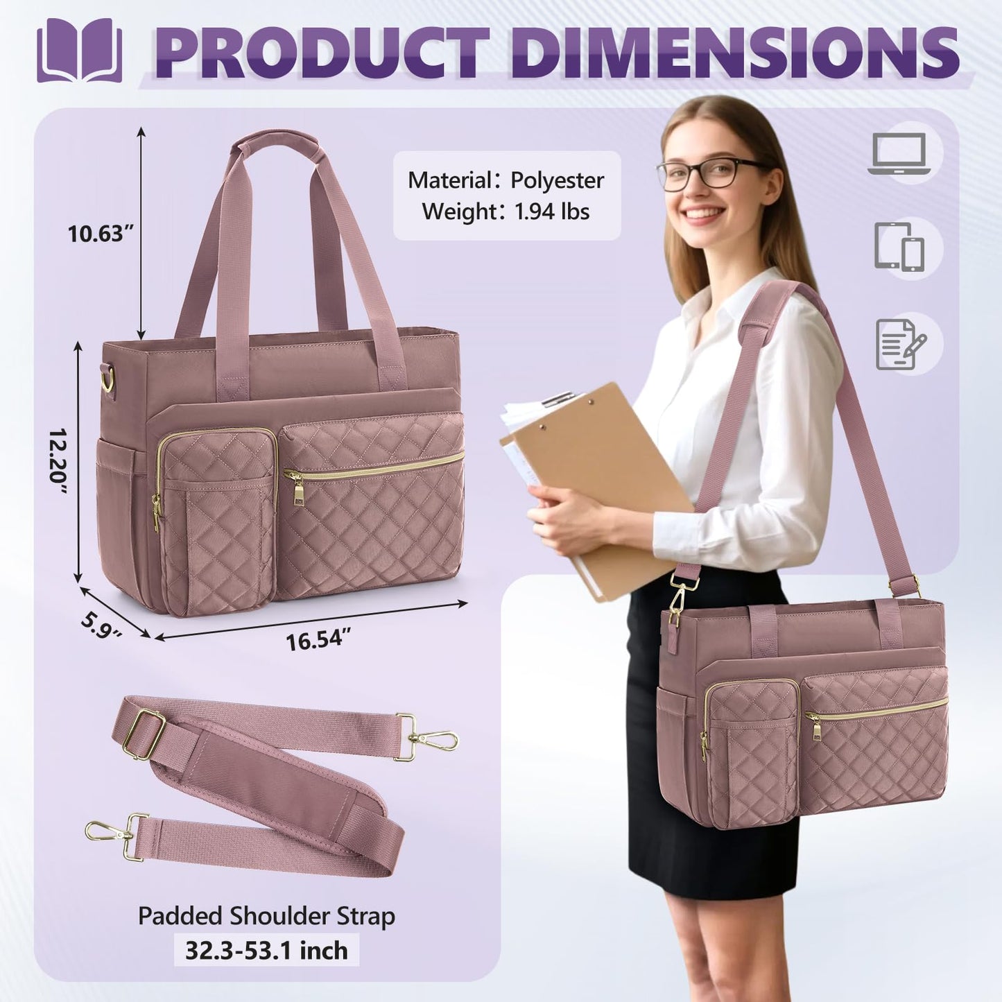SDYSM Teacher Tote Bag 15.6 inch Laptop Bag Work Bags for Women Nurse Tote Professional Computer Messenger Shoulder Bags Laptop Briefcase for Office, College, Nursing, Dusty Pink