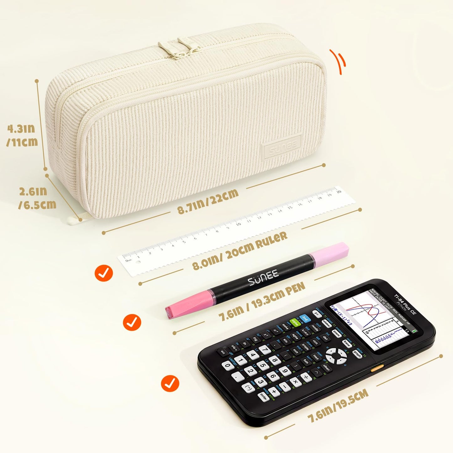 SUNEE Pencil Case, Large Capacity Pencil Pouch, Aesthetic Big Pen Bag, Soft Corduroy Fabric Pen Box for Office Stationery Organizer School Supplies Multifunctional for Teen Boys Girls Women Men, Cream