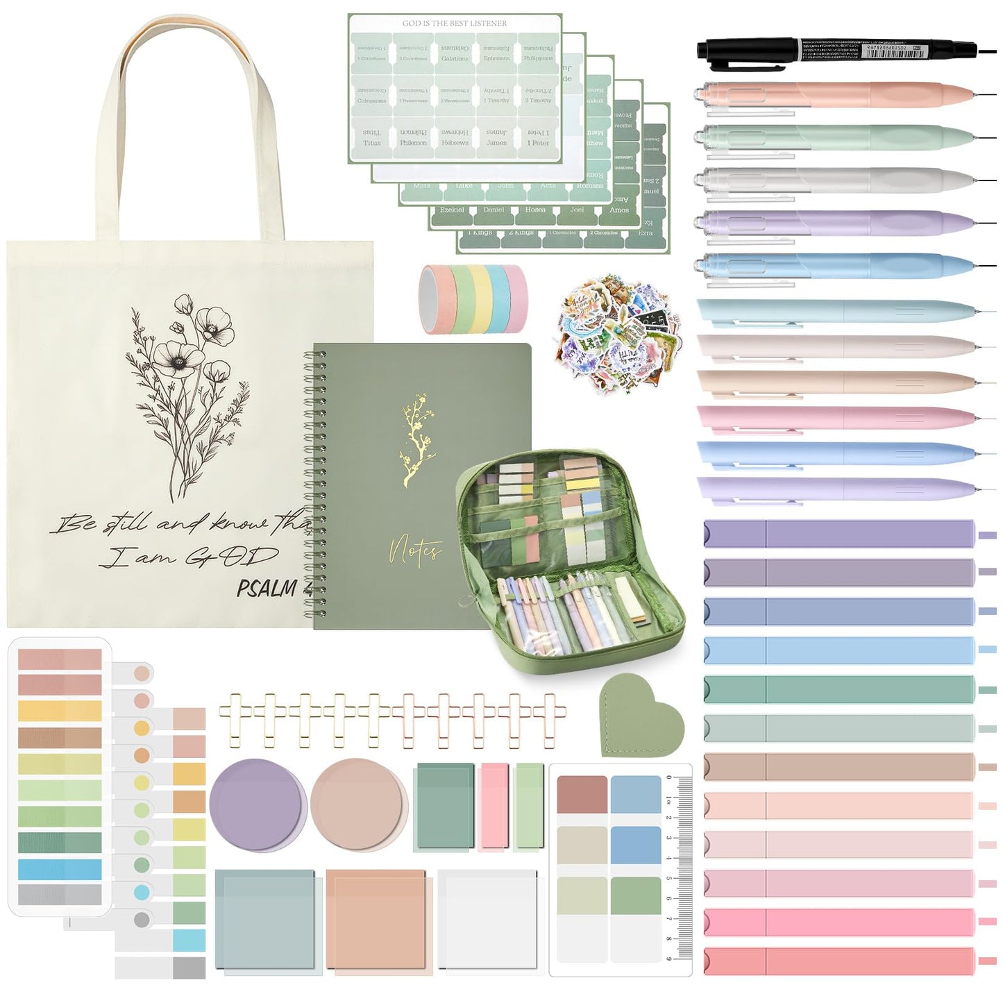 Jutom 110 Pcs Bible Study Supplies Bible Journaling Kit with Canvas Tote Bag Pen Case Notebook Highlighters Pen Sticky Note Tabs Page Markers Stickers Tape for Women Christian Christmas Gift(Green)