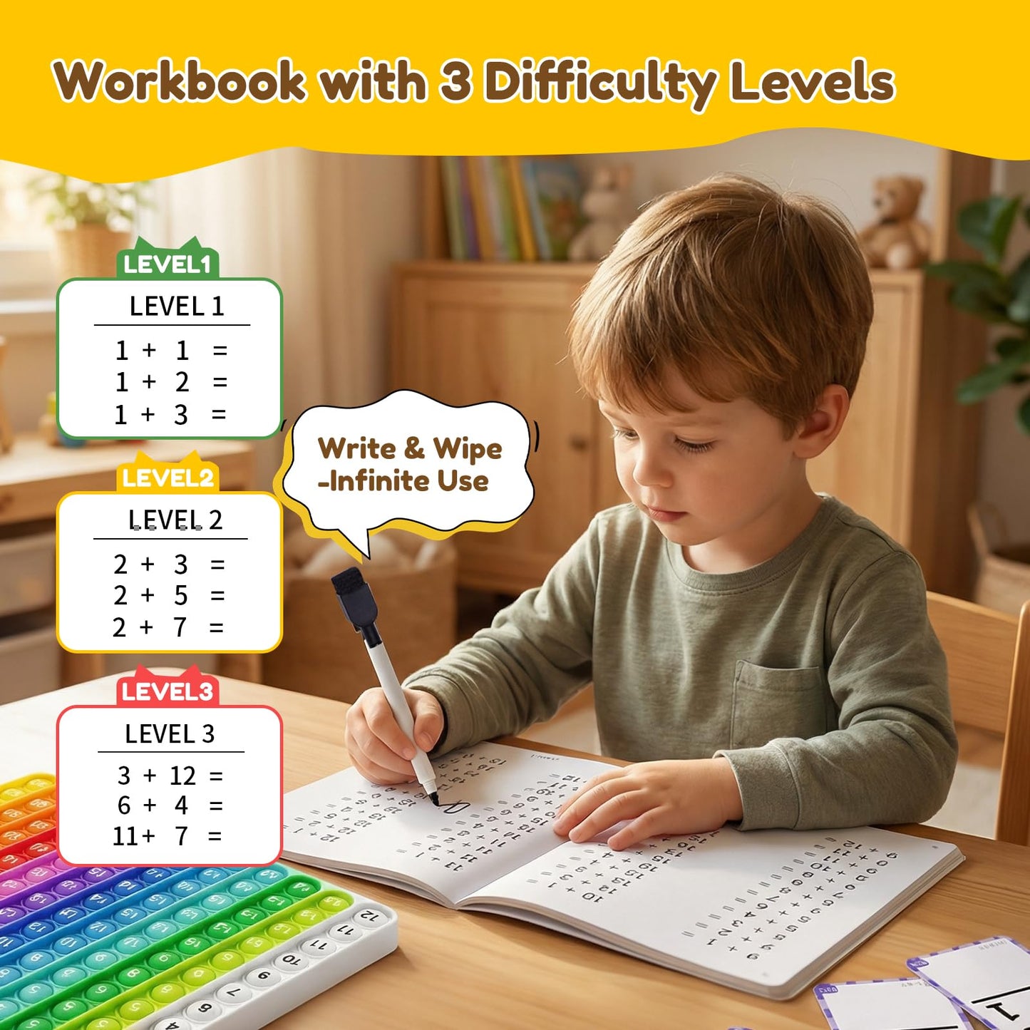 JoyCat Addition and Subtraction Flash Cards with Pop Math Board, 144 Math Flashcards for Kids Ages 4-8, Homeschool Kindergarten 1st 2nd Grade Math Manipulatives with Workbook, Markers, Rings & Bag