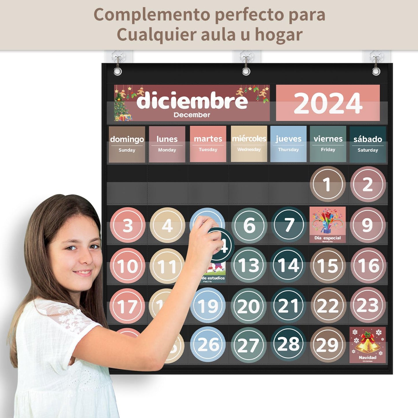 Monthly Calendar Pocket Chart for Classroom, Printed Days of The Week with Cards, Learning for Home or Kindergarten, Teacher Must Have Supplies That Fits Any School Décor (Spanish Black)